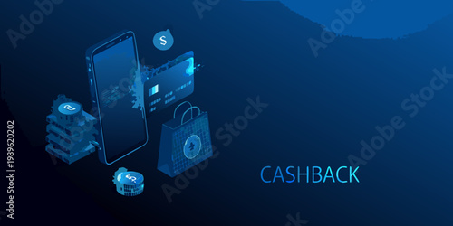 Isometric illustration depicting mobile payment cashback and financial transactions