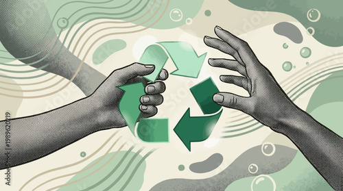 Hands holding and passing recycling symbol.