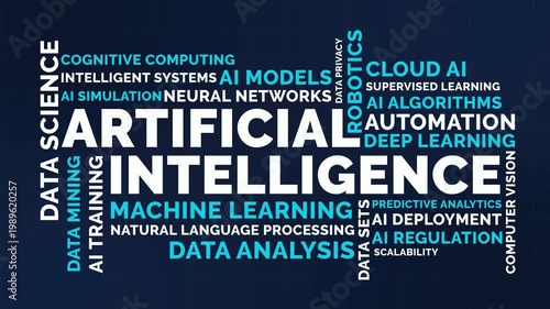 Dark Blue Artificial Intelligence Word Cloud Animation Shameless Loop. AI Kinetic Typography Data Technology