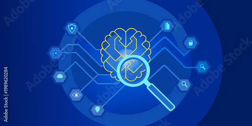 Artificial intelligence concept with a brain and magnifying glass