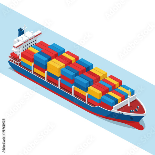Isometric Container Ship Loaded with Colorful Cargo Boxes.