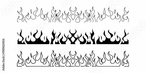 Three rows of stylized black and white flame designs on a white background