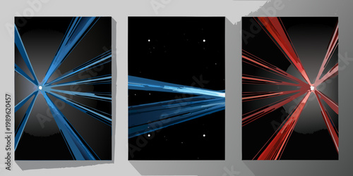 Abstract triptych featuring radiating lines in blue black and red hues