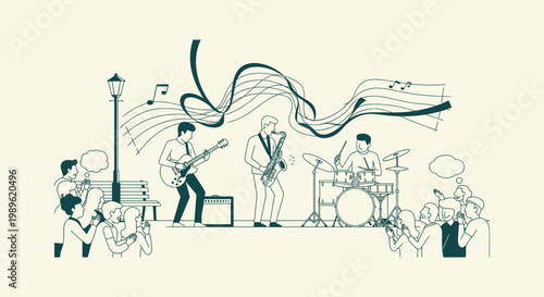 Jazz Band Performing Live Outdoors in Public Park with Guitar Saxophone and Drums Line Art Style
