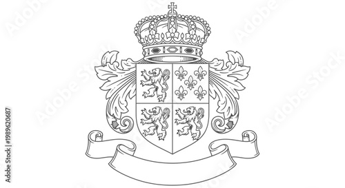 Detailed Outline Coat of Arms with Crown, Shield, and Decorative Elements on Isolated White Background