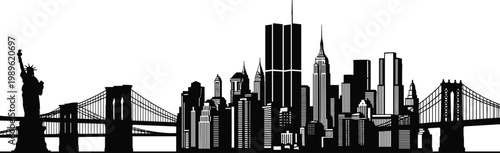 New York City Skyline Vector Illustration Featuring Statue of Liberty Brooklyn Bridge Empire State Building and Twin Towers Silhouette Design