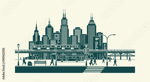 Minimalist urban city skyline vector with public transport bus train and people commuting daily.