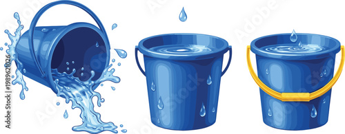 Fotografia Blue Water Bucket Set Showing Full Spilling and Splashing Water with Drops Reali
