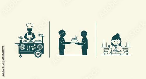 Minimalist icon set illustrating street food vendor cooking noodles serving a customer and eating.