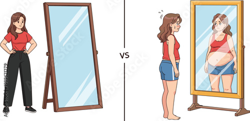 Confident Slim Woman Versus Worried Girl Seeing Overweight Reflection in Mirror Body Image Concept Flat Vector Illustration