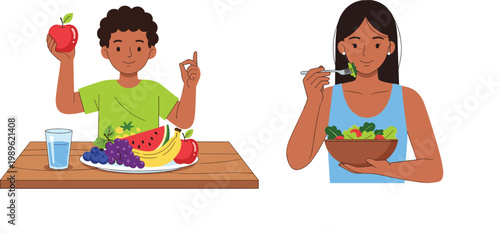 Happy Boy Holding Apple with Fresh Fruits and Woman Eating Green Vegetable Salad Healthy Lifestyle Flat Vector Illustration Set