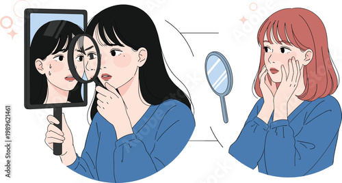 Young Women Examining Skin Problems with Mirror and Magnifying Glass Checking Acne and Blemishes Flat Vector Illustration Set