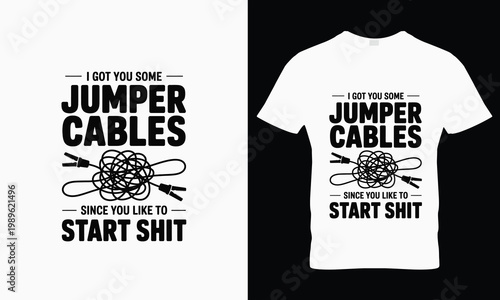 White t shirt with jumper cables and text tangled cables