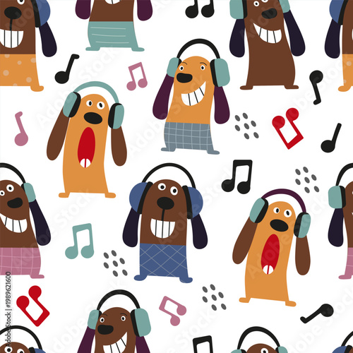 A playful seamless pattern featuring cartoon dogs wearing headphones, surrounded by musical notes in a bright and modern flat style
