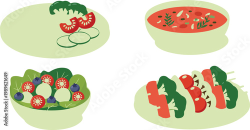 Healthy vegetarian food vector illustration set featuring fresh salad bowl vegetable skewers soup and tomato garnish for diet and nutrition design