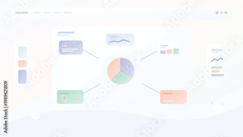 Premium SaaS dashboard background with radial hub layout, orbiting analytics modules, soft pastel admin panels and clean modern UI system art