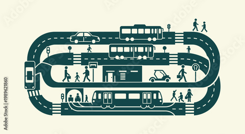 Minimalist City Transportation Hub Silhouette with Bus Train Car and Pedestrians in Urban Road