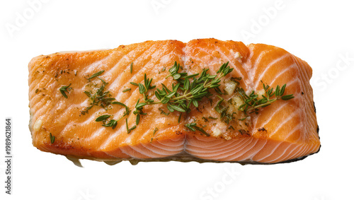 Фотография Isolated perfectly grilled salmon fillet with aromatic herbs on top, delicious s