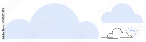 Weather forecasting, nature scenes, optimism, environmental concepts, cloud computing, design elements. Large blue clouds and a rising sun are . Weather and nature scenes theme