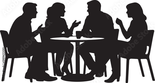 four people engaged in conversation around a small table silhouette vector