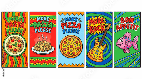 Colorful illustrations of pizza slices and phrases.