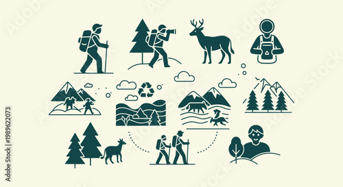 Sustainable Hiking and Nature Outdoor Adventure Icon Set with Mountaineers Deer and Recycling Symbols