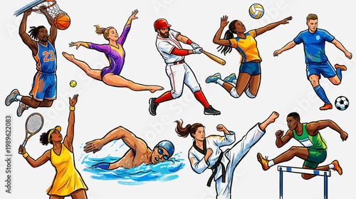 a variety of sports and athletes in action.