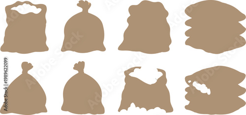 Brown burlap sack and textile bag vector illustration set featuring tied open and stacked flour or grain pouches for agriculture and storage