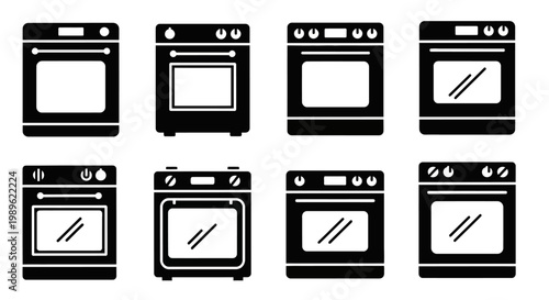 Collection of modern oven icons, kitchen appliance silhouettes, vector illustration