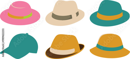 Fashionable hat vector illustration set featuring colorful fedoras sun hats and baseball caps for summer travel and headwear design