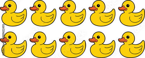Yellow rubber duck toy vector illustration set featuring cute plastic ducks for bath time baby nursery and toy design