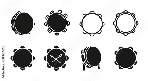 Tambourine Icon Set: Various Styles and Perspectives