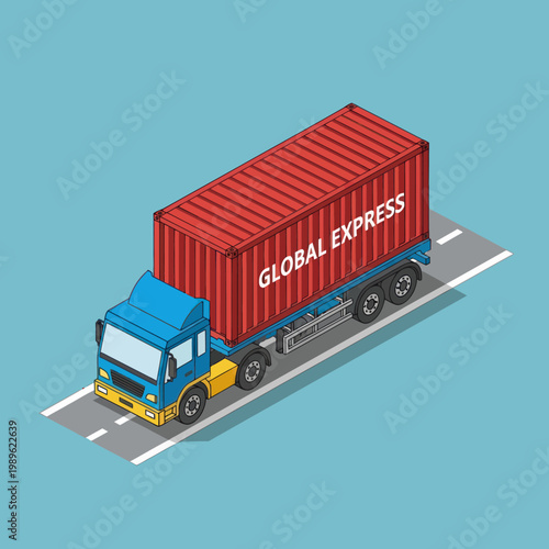 Isometric Global Express Truck Delivering Cargo Container.
