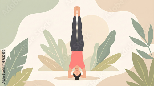 Woman performing a headstand yoga pose with abstract plant background headstand inversion exercise wellness relaxation lifestyle strength flexibility meditation activity wellbeing interior