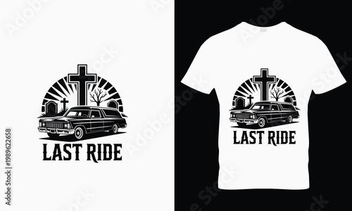 White t shirts with last ride text and car cross black car