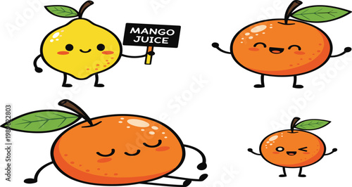 Adorable Kawaii Mango Characters in Yellow and Orange Holding Mango Juice Sign Funny Fruit Flat Vector Illustration Set