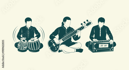 Indian Classical Musicians Playing Sitar Tabla and Harmonium Traditional Music Vector Illustration
