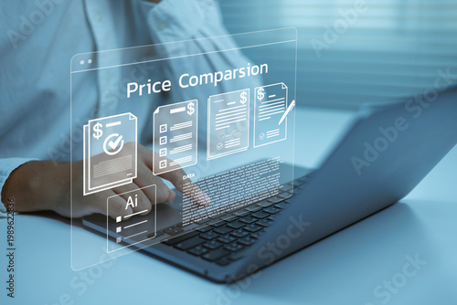 AI price comparison,Businessman working on laptop screen with digital quotation and cost analysis. Smart procurement, vendor selection, budget planning, business savings, fintech technology concept