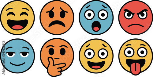 Colorful emoji face vector illustration set featuring various facial expressions like happy sad angry surprised and laughing for social media