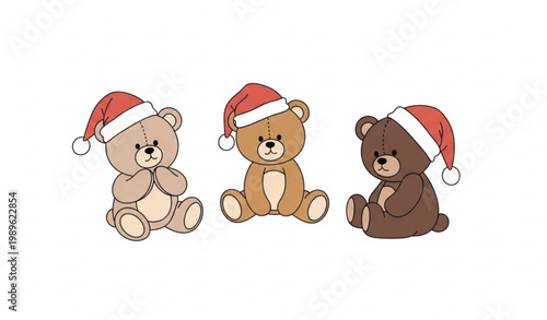Minimal teddy bear christmas characters with santa hats in cute cartoon style isolated on white