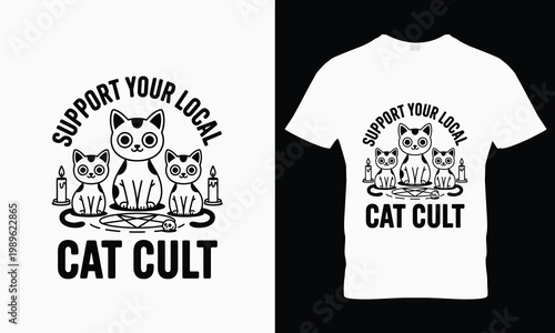 White t-shirt with black cat cult on front and back 1