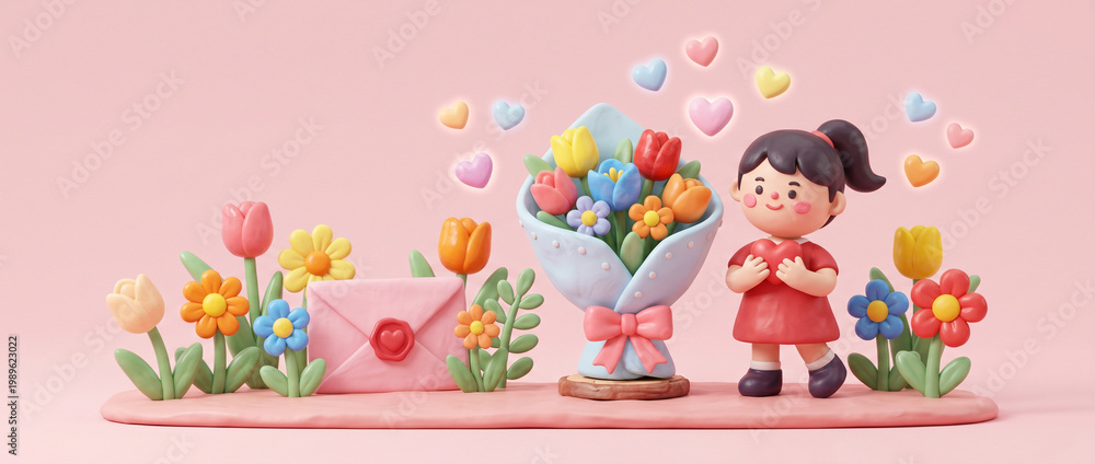 Fototapeta premium Claymation girl with bouquet of flowers and love hearts claymation background adorable character sculpture modeling handmade decoration celebration arrangement colorful innocent envelope