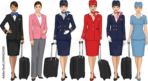 Professional Female Flight Attendants in Colorful Airline Uniforms with Luggage Trolley Elegant Flat Vector Illustration Set