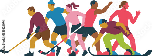 Ice hockey and winter sports vector illustration set featuring players with sticks pucks and skiing gear for athletic and competition design