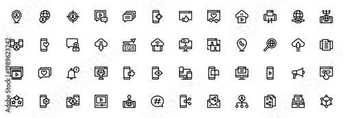 Social Media icon set. Vector line icons pack for Location, User, Video, Comment, Smartphone, Hashtag, Like, Share and more. Editable stroke.