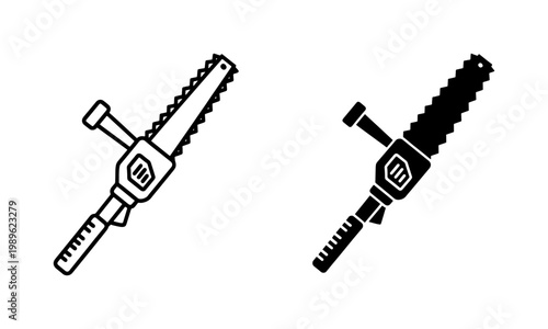 Chainsaw line and silhouette icon set for woodcutting