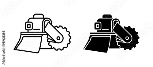 Industrial Stump Grinder Machine Line and Silhouette Icon Set