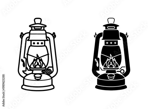 Vintage Kerosene Lantern Outline and Silhouette Icons