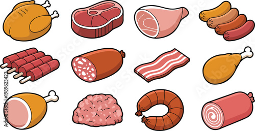 Construction vehicle and industrial truck vector illustration set featuring excavator crane cement mixer and service van for building and logistics design