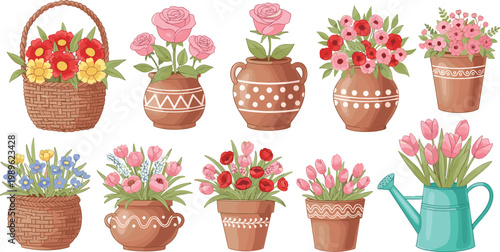 Charming Spring Flowers in Clay Pots Wicker Baskets and Watering Can with Roses Tulips and Wildflowers Vector Illustration Set